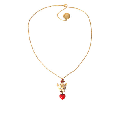 Dolce & Gabbana Gold Brass Chain Dog Heart Pendant Charm Necklace with red crystal embellishments, 40cm, made in Italy.