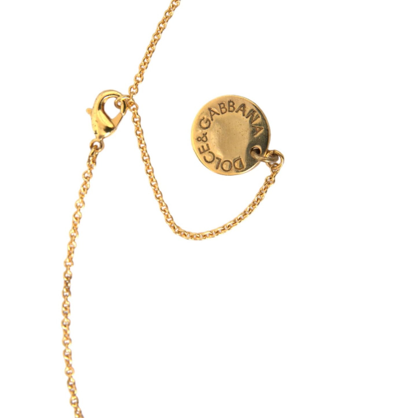 Dolce & Gabbana Gold Brass Chain Dog Heart Pendant Charm Necklace with logo detail and lobster closure, crystal embellishments.