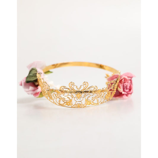 Dolce & Gabbana Gold Floral Tiara Pink Roses Crystal Crown Headband with intricate gold-tone filigree and pink fabric flowers.