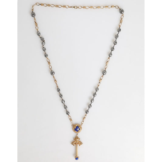 Dolce & Gabbana Gold Tone Beaded Chain Religious Cross Necklace with sterling silver chain and lobster closure, made in Italy.