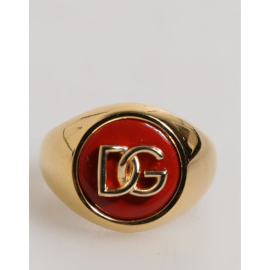 Dolce & Gabbana Gold Tone Real Brass Round Red DG Logo Men Ring with red enamel DG logo on gold brass.