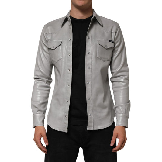 Dolce & Gabbana Gray Coated Cotton Snap Button Logo Men Shirt TSH90789-40