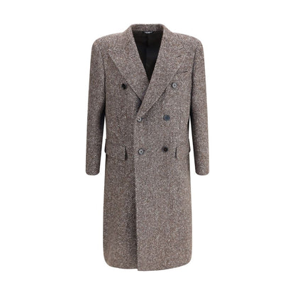 Dolce & Gabbana Gray Fleece Wool Coat featuring a herringbone pattern, double-breasted design, wide lapel, and flap pockets.