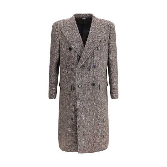Dolce & Gabbana Gray Fleece Wool Coat featuring a herringbone pattern, double-breasted design, wide lapel, and flap pockets.