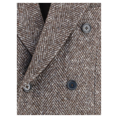 Close-up of Dolce & Gabbana Gray Fleece Wool Coat showing herringbone pattern and double-breasted design for a timeless look.
