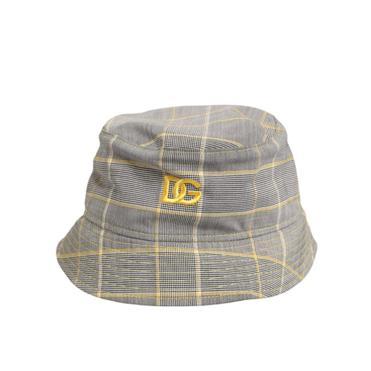 Dolce & Gabbana Gray Yellow Wool Blend Plaid Bucket Cap Men Hat, Italian style, wool blend, distinctive gray and yellow plaid check.