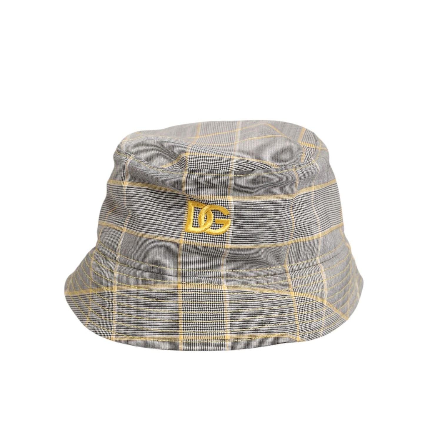 Dolce & Gabbana Gray Yellow Wool Blend Plaid Bucket Cap Men Hat with logo detail.