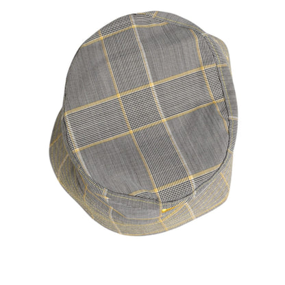 Dolce & Gabbana Gray Yellow Wool Blend Plaid Bucket Cap Men Hat with gray and yellow plaid pattern, top view.