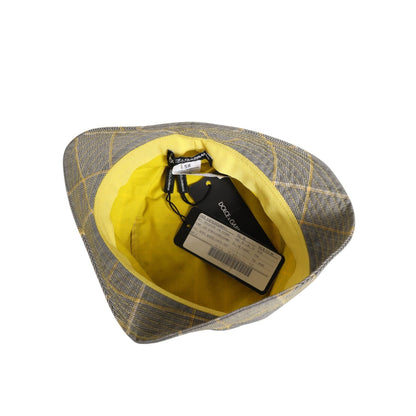 Dolce & Gabbana Gray Yellow Wool Blend Plaid Bucket Cap Men Hat with yellow lining and tags, showcasing luxury Italian craftsmanship.