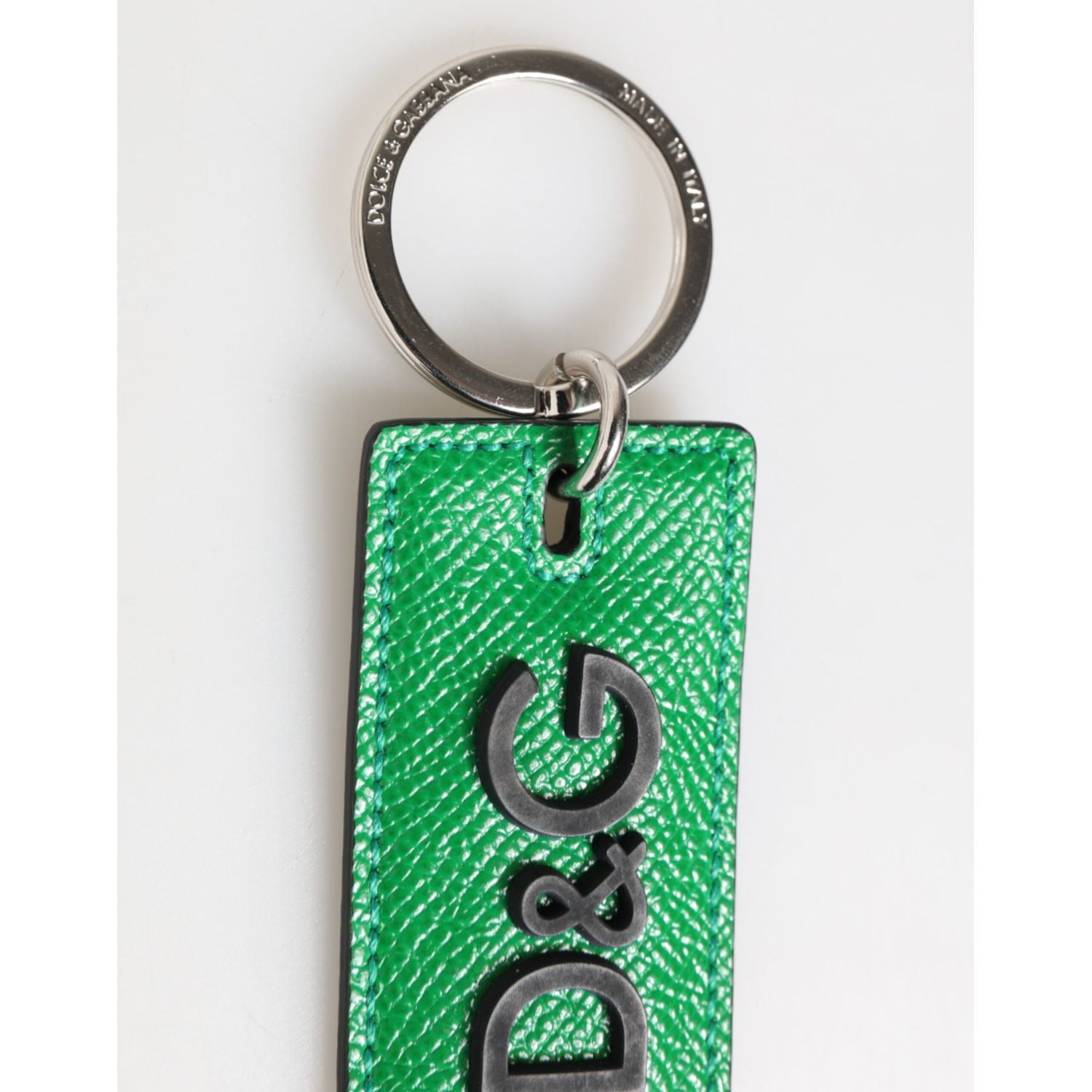 Dolce & Gabbana Green Leather Logo Metal Ring Keychain Holder Men Keyring