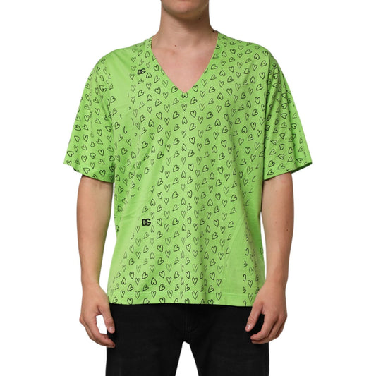Dolce & Gabbana Green V-Neck DG Logo Heart Print T-shirt TSH90340-52