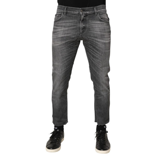 Dolce & Gabbana Grey Cotton Denim Slim Fit Distressed Pants Jeans, premium Italian design with subtle distressed details.