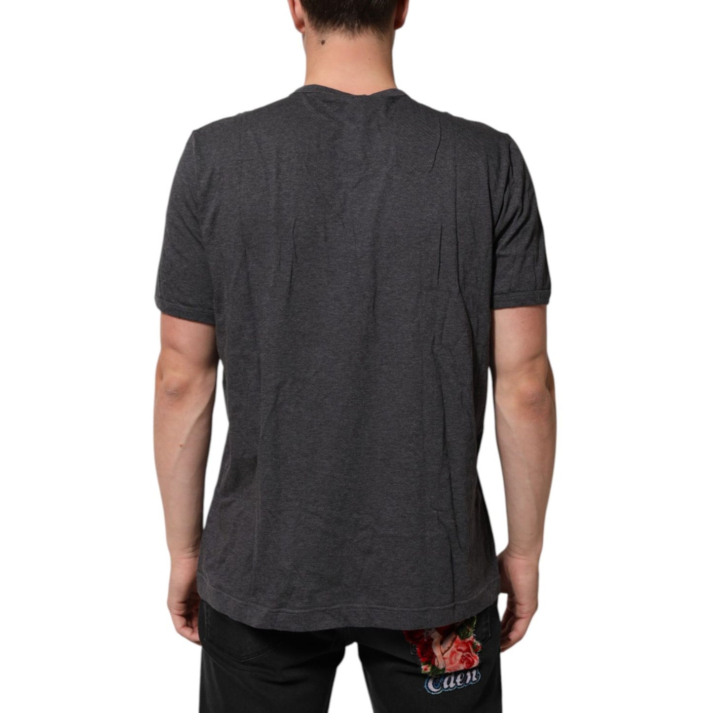 Dolce & Gabbana Grey Cotton V-Neck Logo Plaque Melange T-Shirt