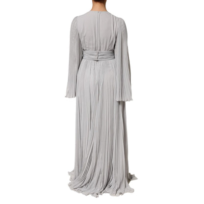 Dolce & Gabbana Grey Pleated Maxi Long Sleeve Silk Blend Gown Dress