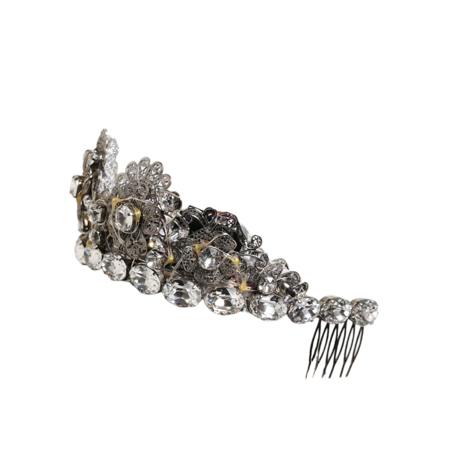 Dolce & Gabbana LED Crystal Embellished Silver Floral Filigree Crown Tiara with sparkling crystals and integrated LED lights.