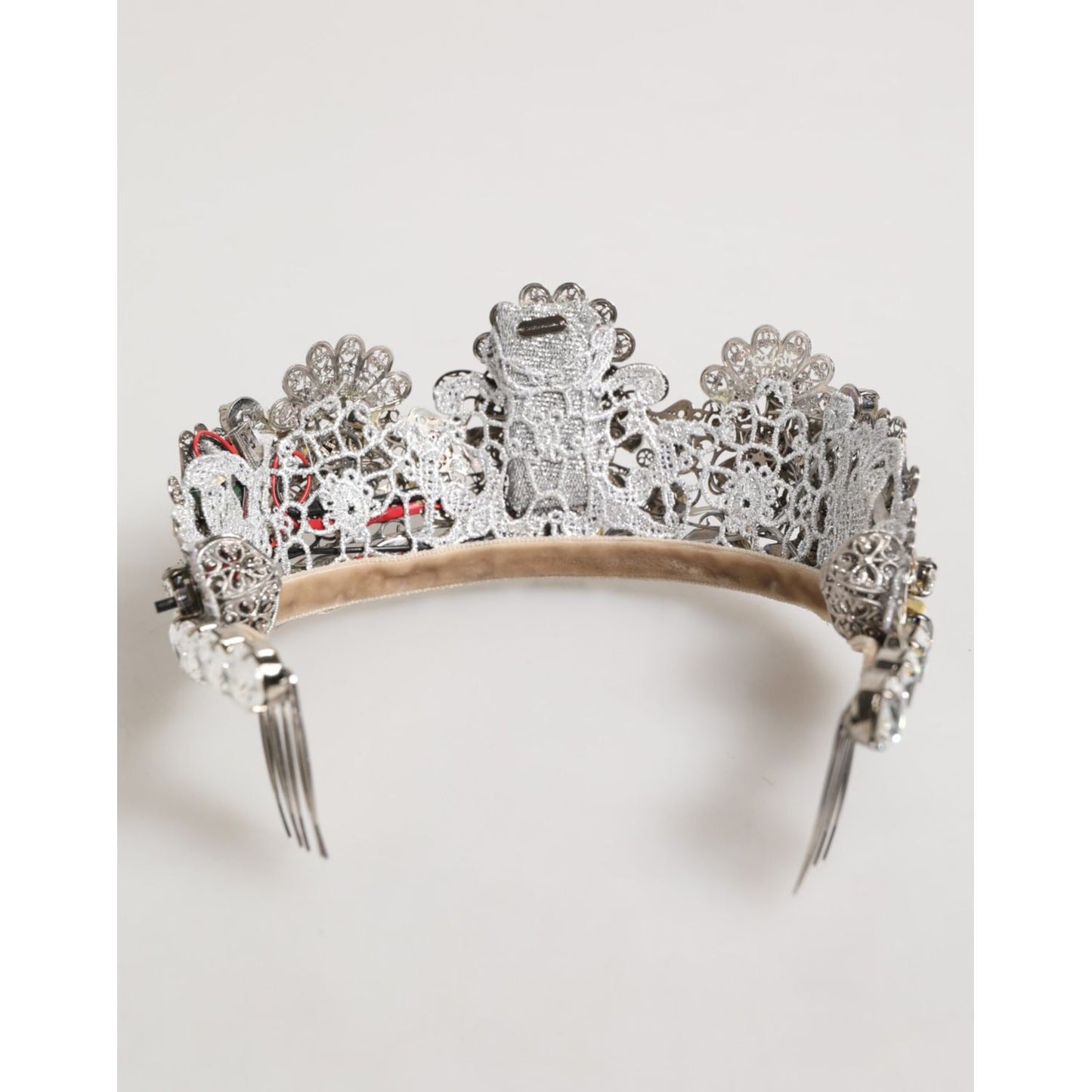 Dolce & Gabbana LED Crystal Embellished Silver Floral Filigree Crown Tiara with intricate design and LED lights