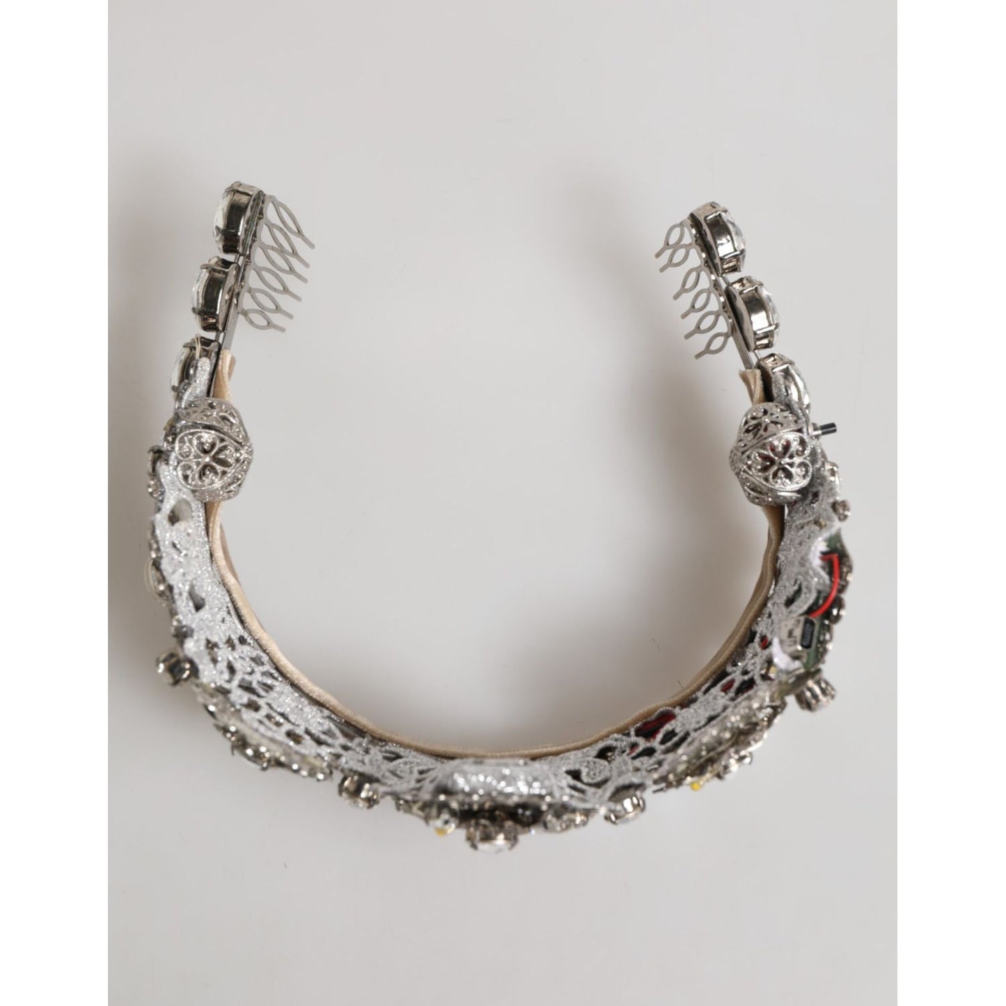 Dolce & Gabbana LED Crystal Embellished Silver Floral Filigree Crown Tiara, couture illuminated headpiece with crystals.