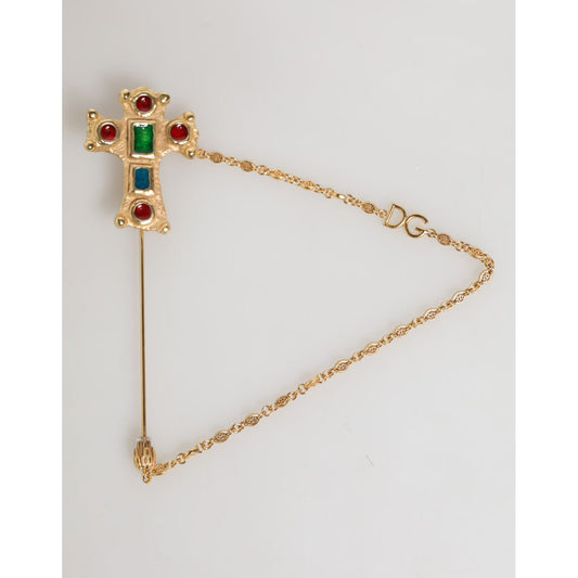 Dolce & Gabbana Lapel Pin Cross Logo Gold Chain Mens Accessories Brooch with colorful gemstones on white background