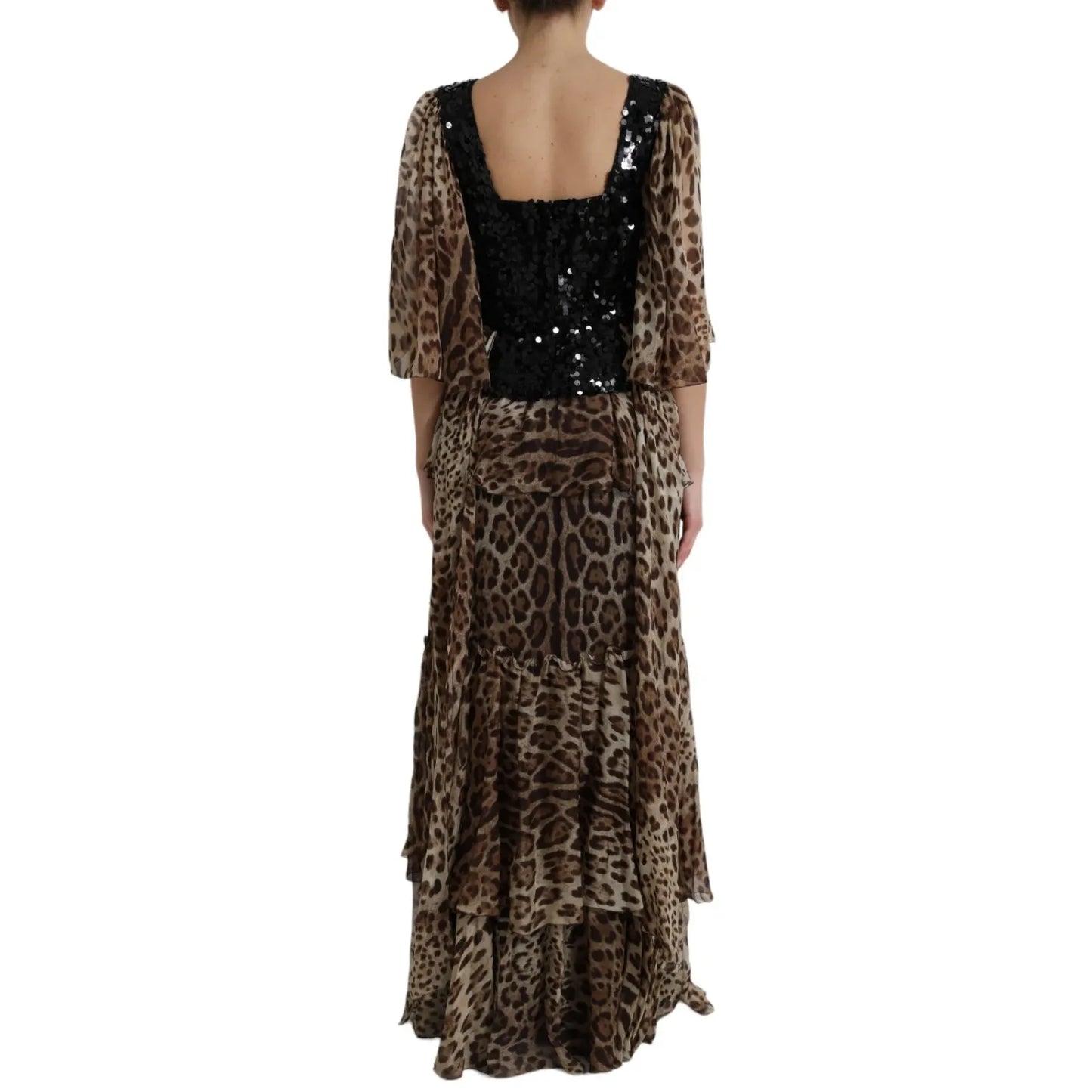 Back view of Dolce & Gabbana Leopard Print Silk Sequin Ruffle Maxi Dress with flowing tiers and sequined bodice.