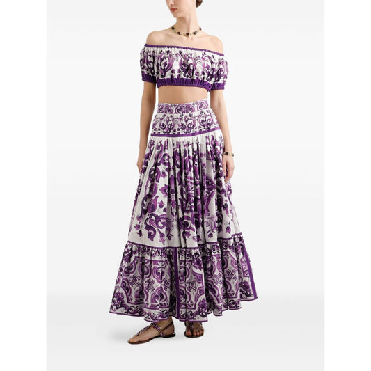 Dolce & Gabbana Maiolica print cotton top, white off-shoulder, short sleeves, elasticated trim, purple print