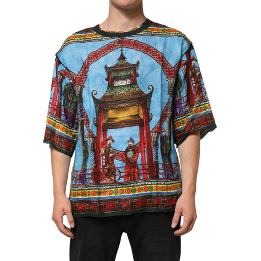 Dolce & Gabbana Multicolor Cotton Linen Temple Print T-shirt TSH91305-52