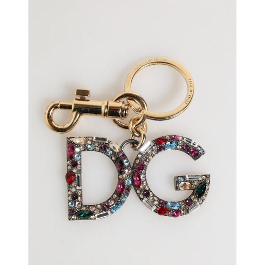 Dolce & Gabbana Multicolor Crystal DG Logo Gold Keychain Charm Keyring with lobster clasp and gold-tone finish.