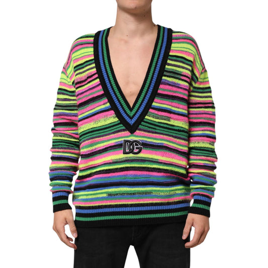 Dolce & Gabbana Multicolor DG Logo V-Neck Knit Pullover Sweater TSH90259-M