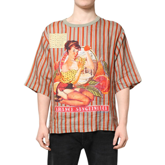 Dolce & Gabbana Multicolor Striped Graphic Linen Round Neck T-shirt TSH87764-54