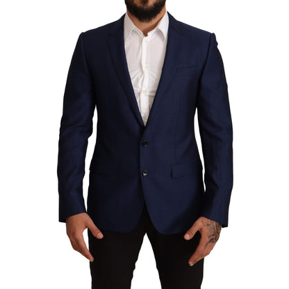 Dolce & Gabbana Navy Blue Slim Fit Jacket MARTINI Blazer featuring notch lapel, single-breasted style, and logo details.