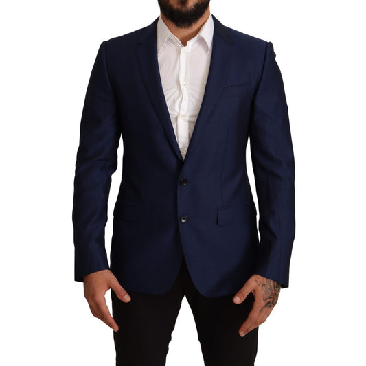 Dolce & Gabbana Navy Blue Slim Fit Jacket MARTINI Blazer featuring notch lapel, single-breasted style, and logo details.