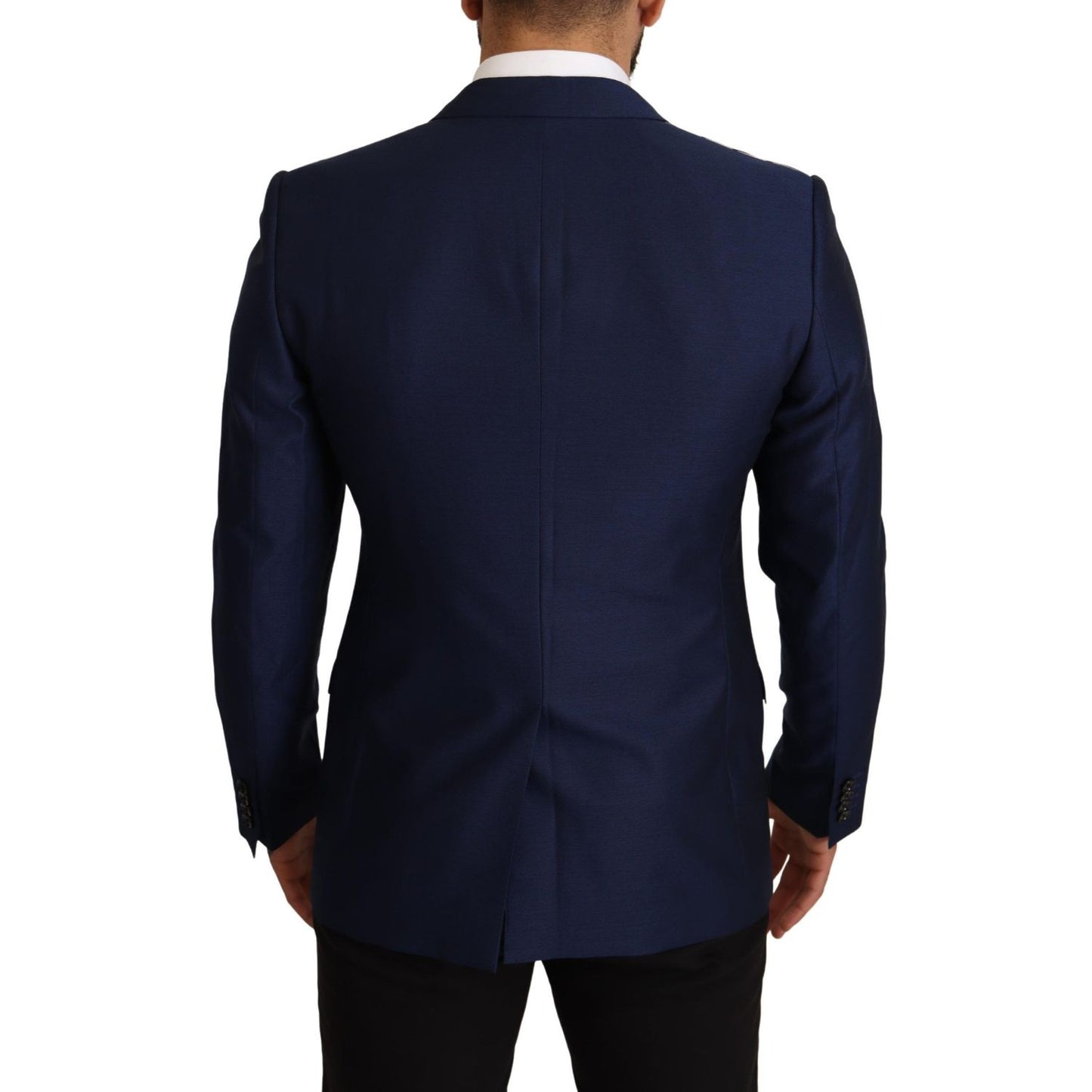 Back view of Dolce & Gabbana Navy Blue Slim Fit Jacket MARTINI Blazer with notch lapel and logo details.