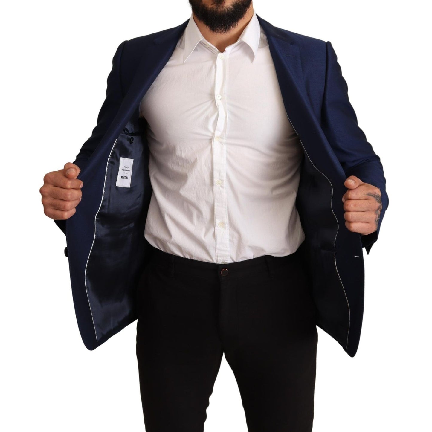 Man wearing Dolce & Gabbana Navy Blue Slim Fit Jacket MARTINI Blazer, showing interior and stylish fit.