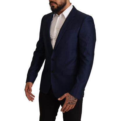 Dolce & Gabbana Navy Blue Slim Fit Jacket MARTINI Blazer on model, formal single-breasted design with notch lapel, exclusive Italian style.