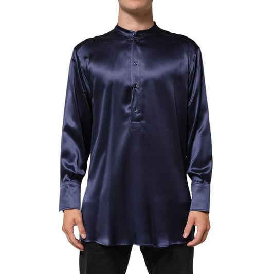 Dolce & Gabbana Navy Silk Long Sleeve Mandarin Collar Shirt TSH90806-37