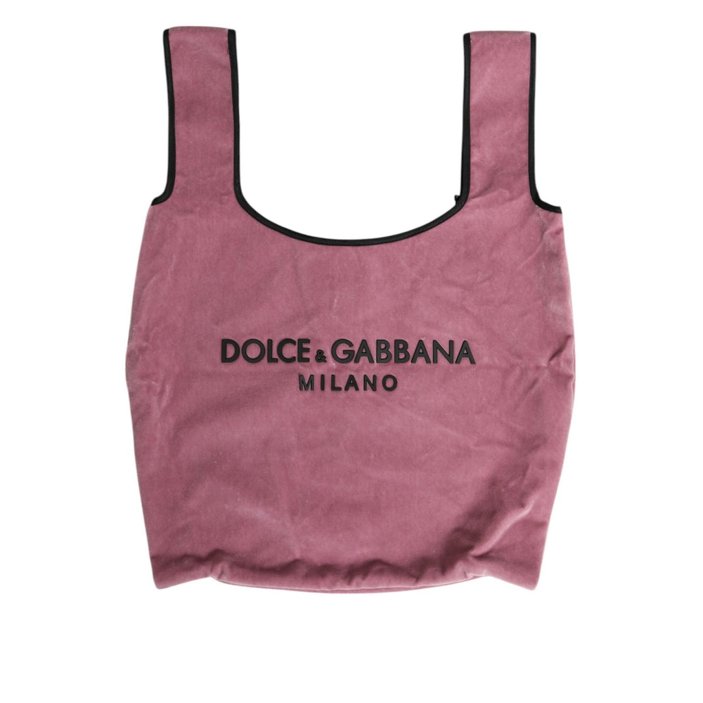 Dolce & Gabbana Pink Cotton Velvet DG MILANO Shoulder Shopping Borse Bag with logo print and brown fabric inner lining.