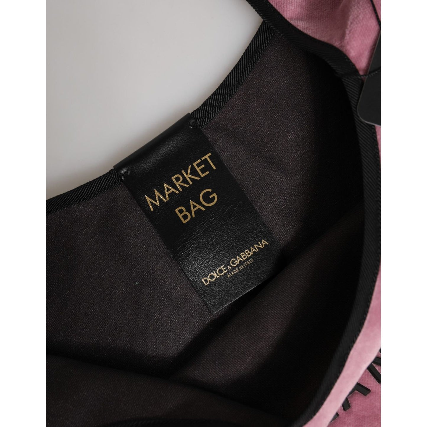Label inside Dolce & Gabbana Pink Cotton Velvet DG MILANO Shoulder Shopping Borse Bag showing market bag and logo details.