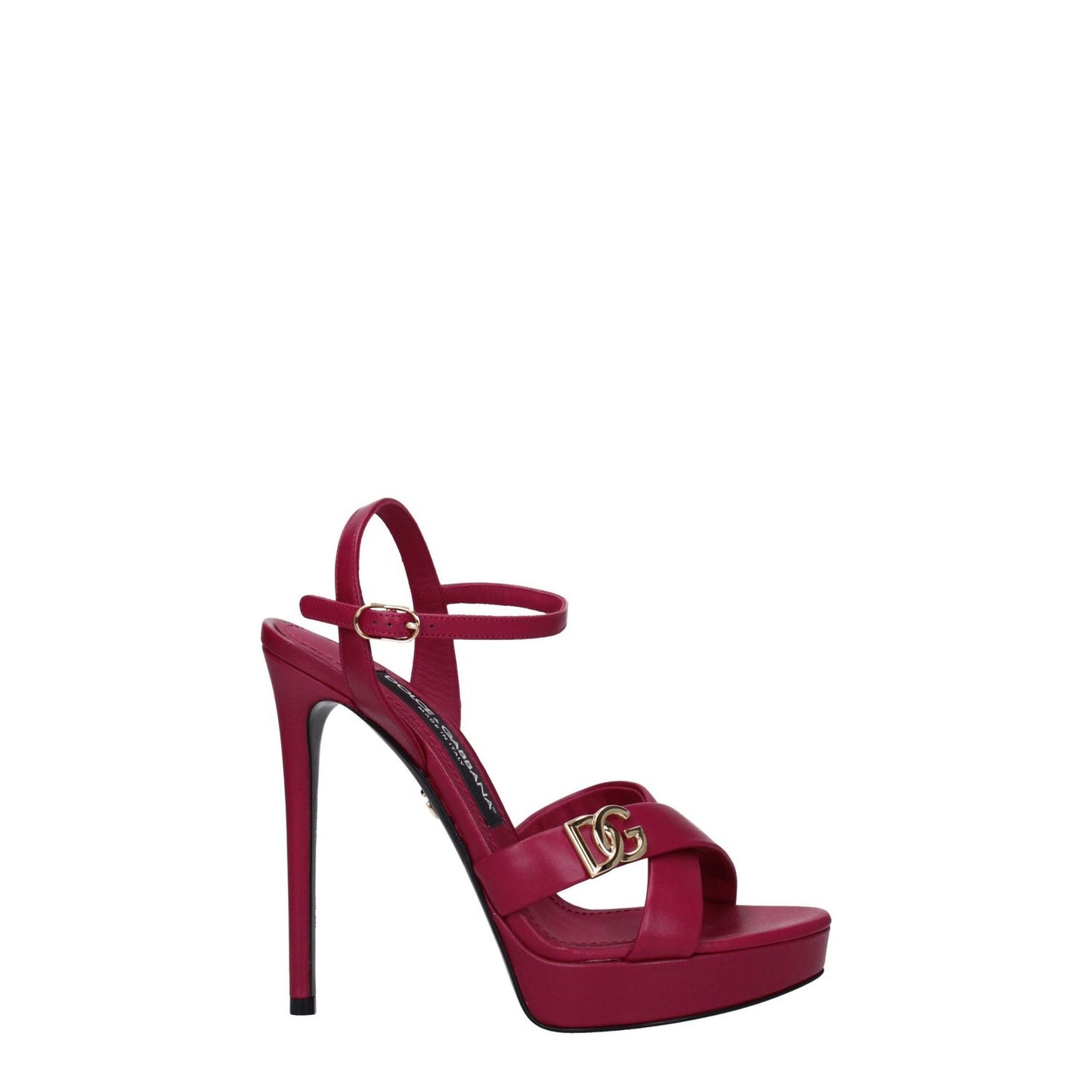 Dolce & Gabbana Pink Leather Platform Sandals with gold logo, high heel buckle closure, open toe, fuchsia leather.