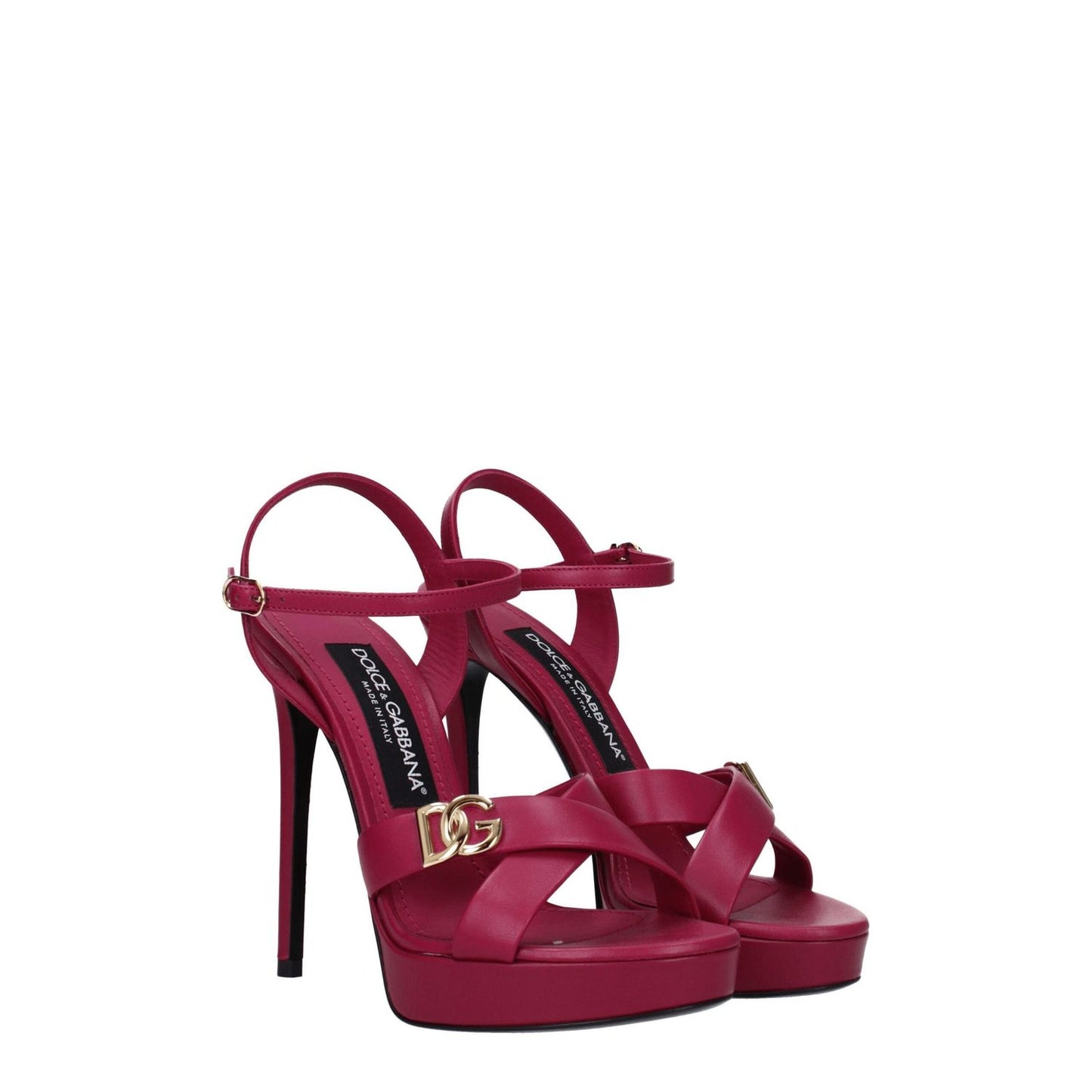 Dolce & Gabbana Pink Leather Platform Sandals with gold logo and buckle closure, featuring high heels and open toe design.