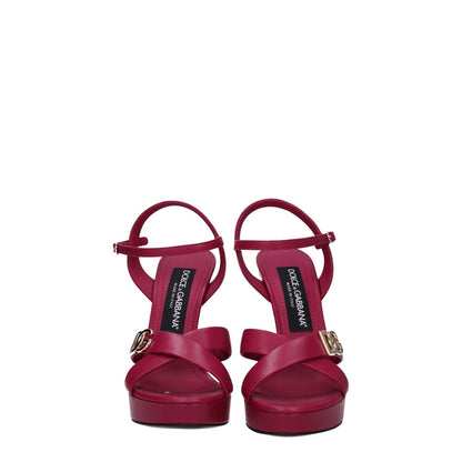 Dolce & Gabbana Pink Leather Platform Sandals with buckle closure, open toe, and high heel in hibiscus color.