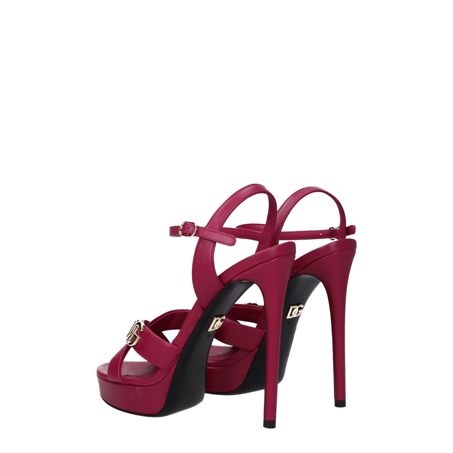 Dolce & Gabbana Pink Leather Platform Sandals with high heel and buckle closure, featuring open toe and gold side logo.