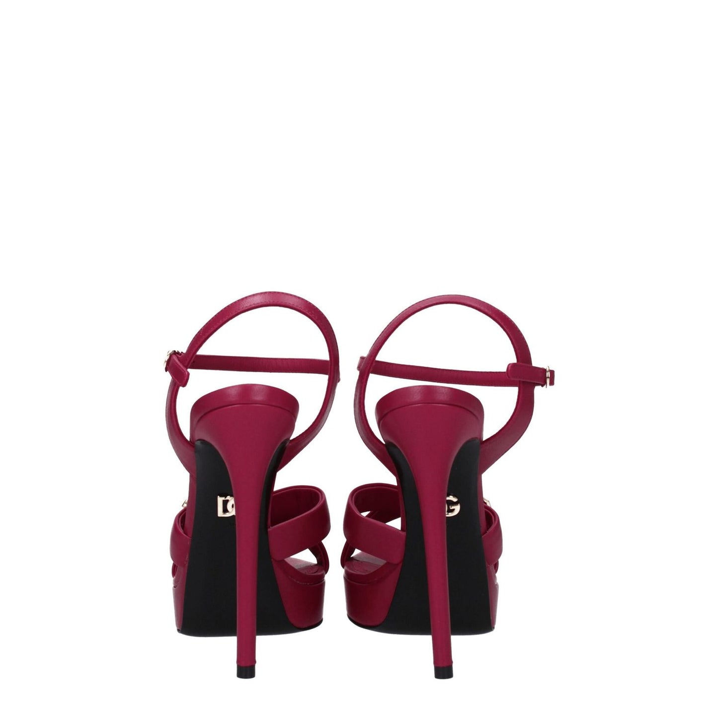 Back view of Dolce & Gabbana Pink Leather Platform Sandals with buckle closure, high heel, and logo detail.