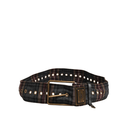 Dolce & Gabbana Plaid Fabric Logo Plate Brass Buckle Belt