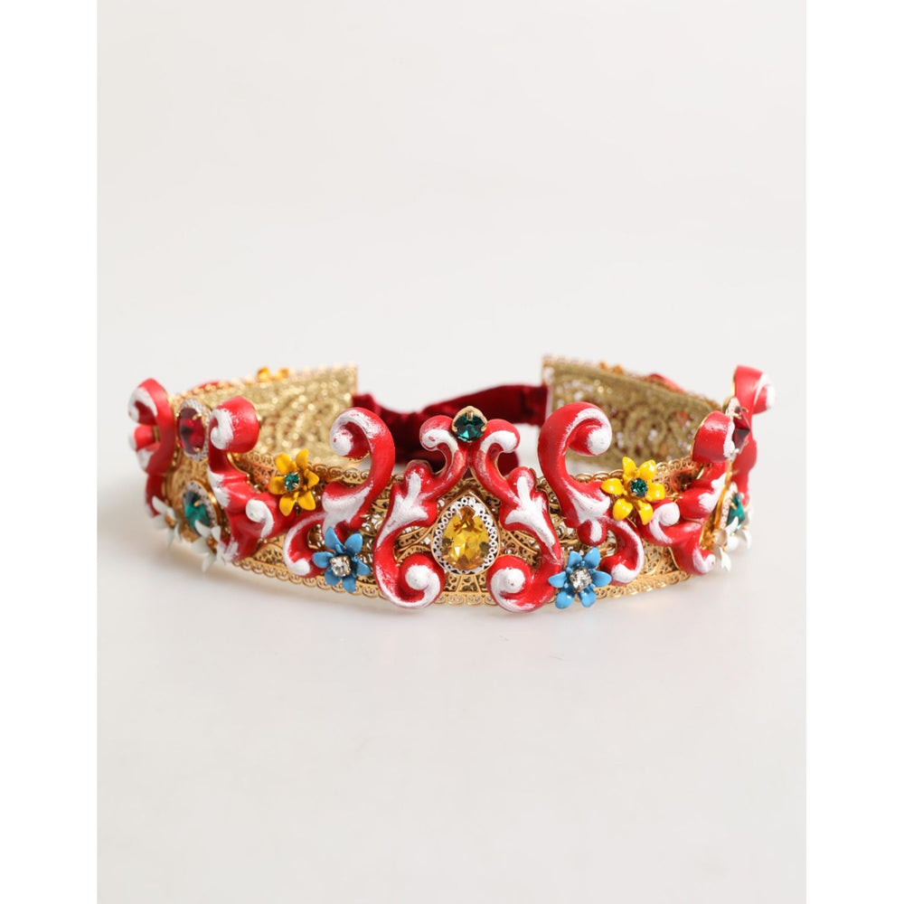 Dolce & Gabbana Red Carretto Multicolor Crystal Gold Tiara Crow Headband with velvet ribbon and handcrafted Italian filigree design.