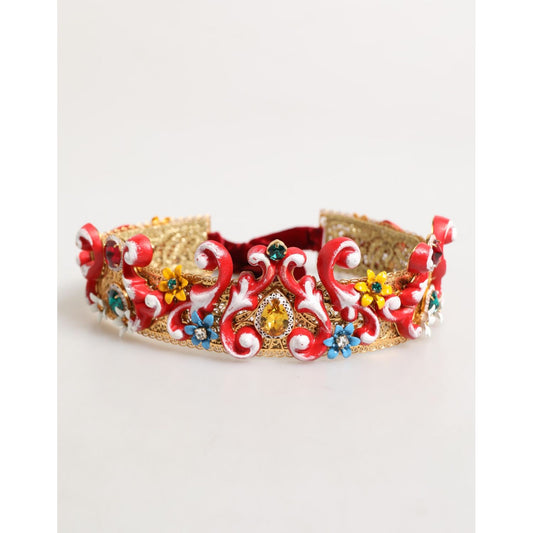 Dolce & Gabbana Red Carretto Multicolor Crystal Gold Tiara Crow Headband with velvet ribbon, handcrafted in Italy.