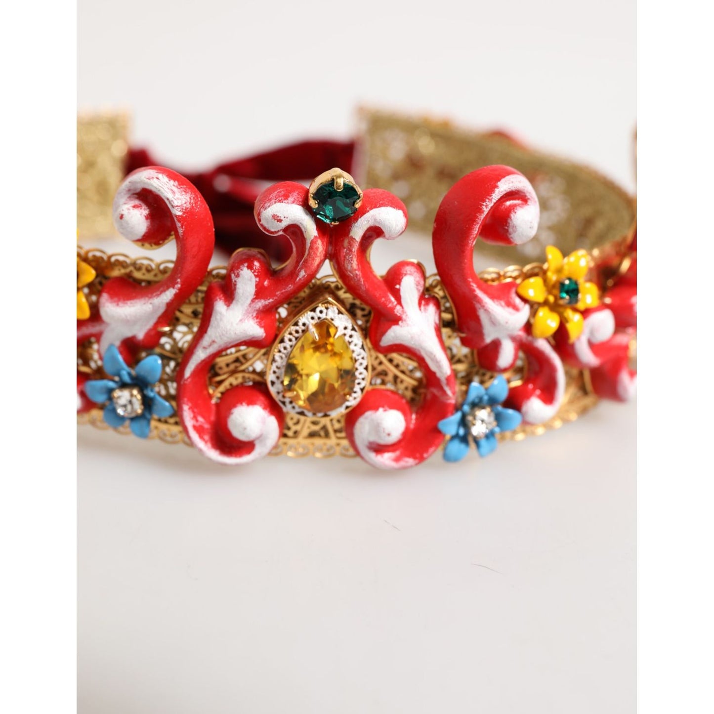 Dolce & Gabbana Red Carretto Multicolor Crystal Gold Tiara Crow Headband with intricate design and colorful embellishments.