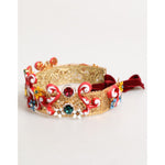 Dolce & Gabbana Red Carretto Multicolor Crystal Gold Tiara Crow Headband with velvet ribbon tie and filigree design.