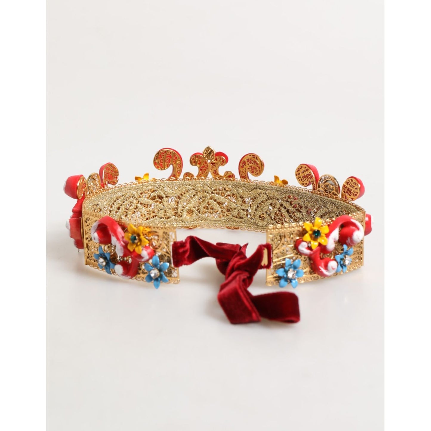 Dolce & Gabbana Red Carretto Multicolor Crystal Gold Tiara Crow Headband with velvet ribbon and floral details, handcrafted in Italy.