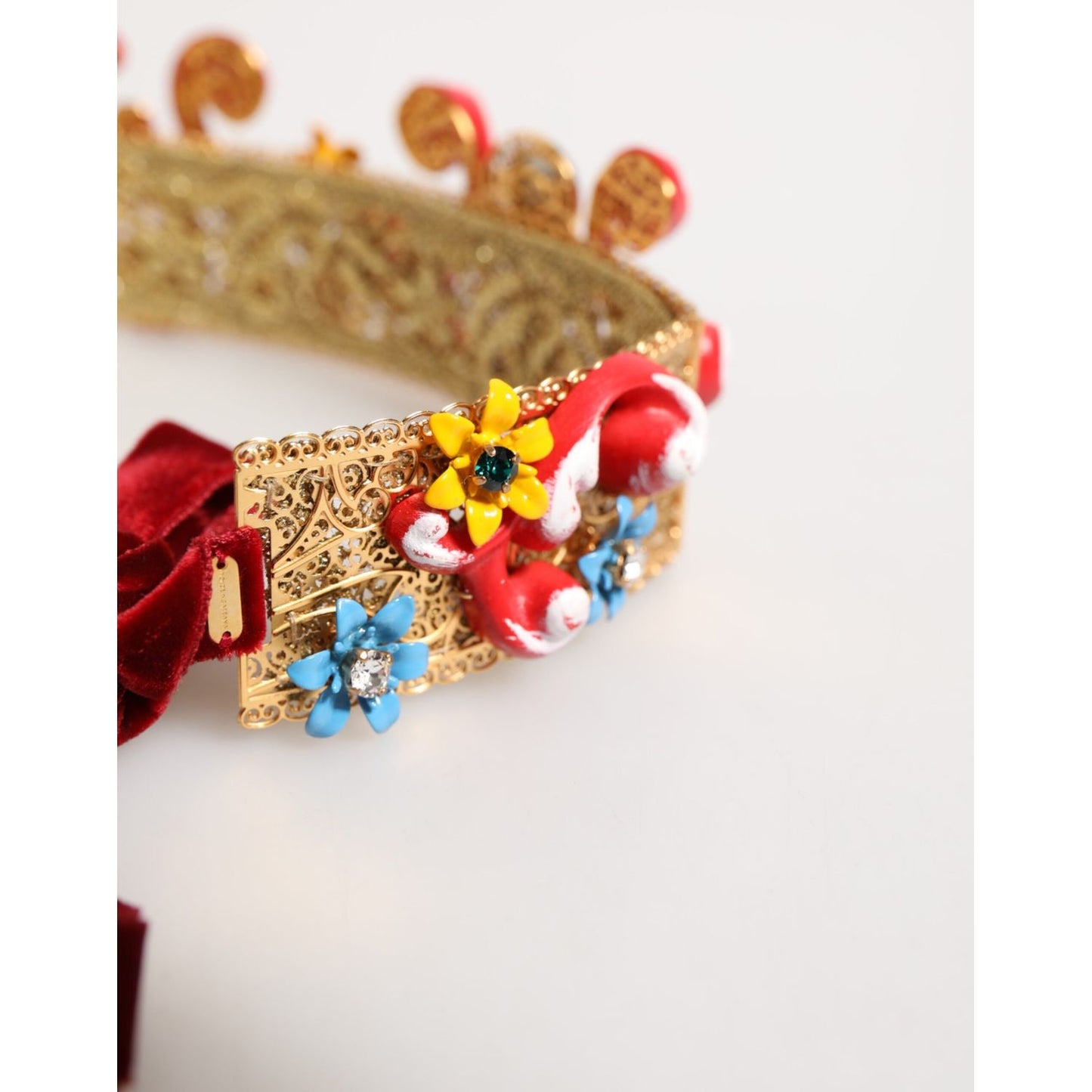 Dolce & Gabbana Red Carretto Multicolor Crystal Gold Tiara Crow Headband, handcrafted with red filigree and flowers, luxury accessory