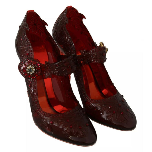 Dolce & Gabbana Red Floral Crystal Heels CINDERELLA Shoes featuring multicolor crystals and rubber sole.