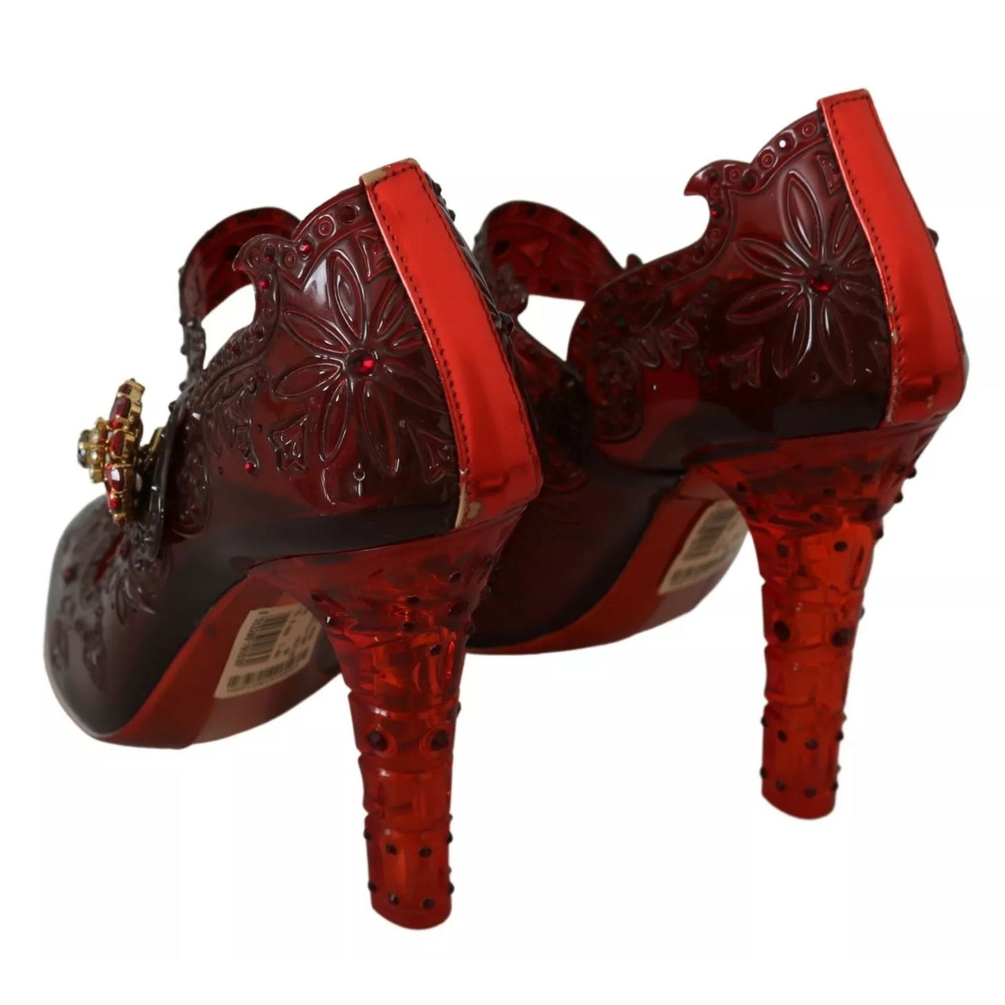 Dolce & Gabbana Red Floral Crystal Heels CINDERELLA Shoes with multicolor crystals and rubber sole, minor color defect visible.